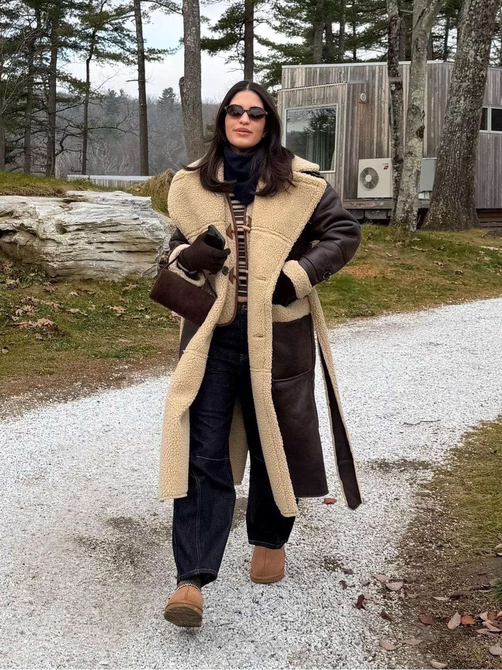 Shearling-Trim Long Coat - Brown & Cream 100% leather & shearling